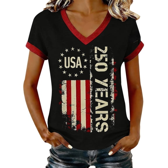 MEICHEN Women's 250Th Anniversary Print V Neck T Shirt 250Th Anniversary Tshirt Patriotic Tee