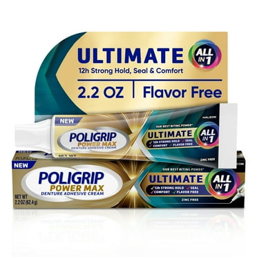 Poligrip Power Max Ultimate All-in-1 Denture Adhesive Cream, Zinc Free, 2.2 oz