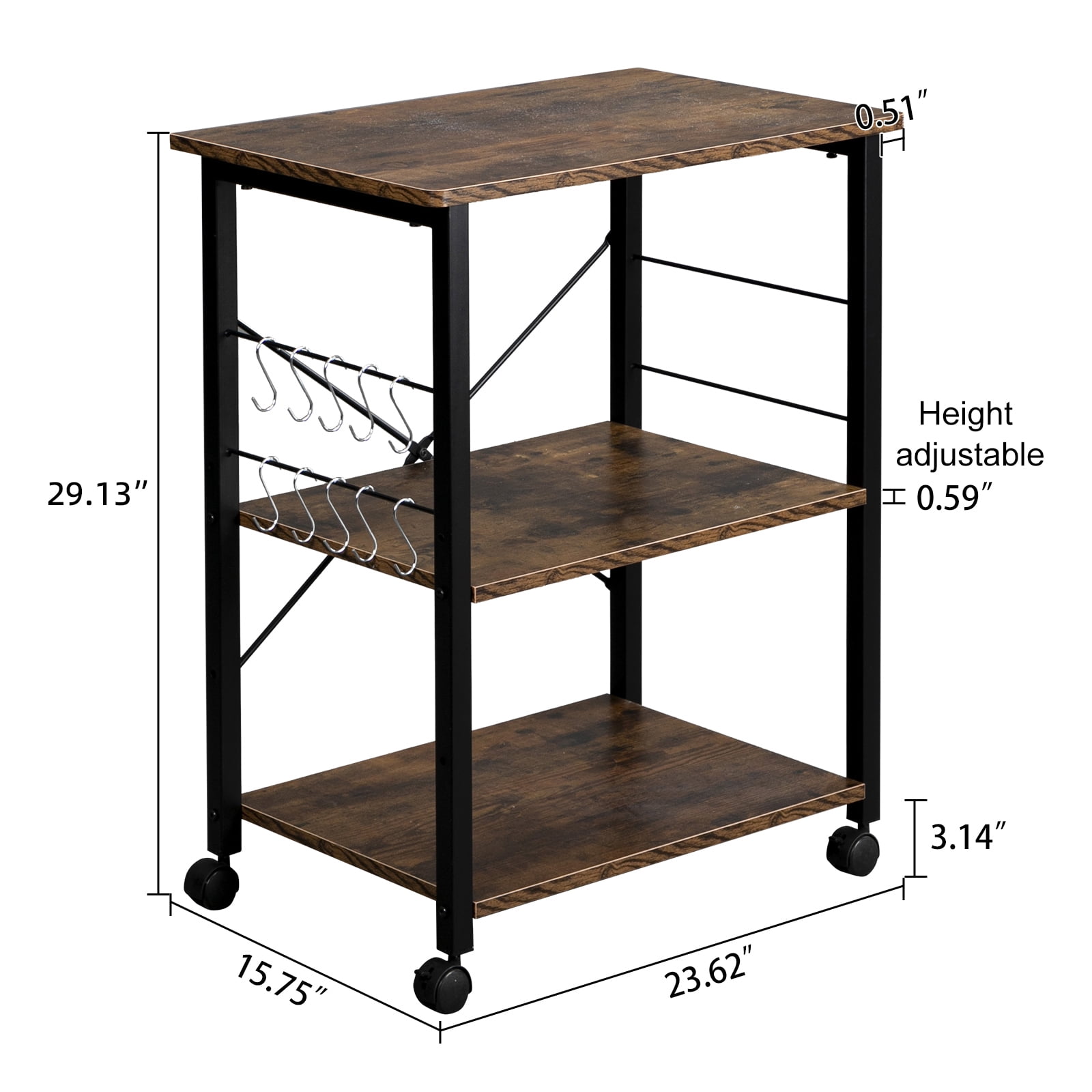 3-Tier Microwave Oven Rack with 10 Hooks and 4 Wheels, Retro-Style Movable Kitchen Storage Cart, Black and Walnut, 23.62 x 15.75 x 29.13 in