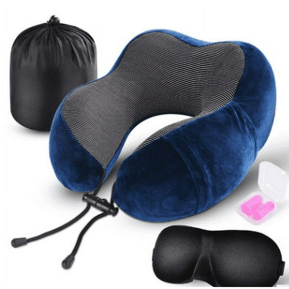 Travel Pillow Kit with Memory Foam Neck Pillow, 3D Eye Mask, Earplugs, and Storage Bag-Machine Washable Color: Navy