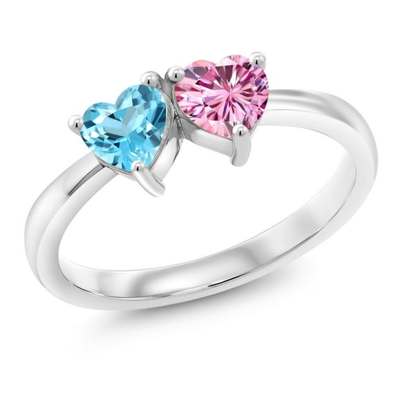Gem Stone King 925 Sterling Silver Fashion Right-Hand Ring Heart Shape Swiss Blue Topaz and Vivid Pink Moissanite (1.05 Cttw, Size 5)