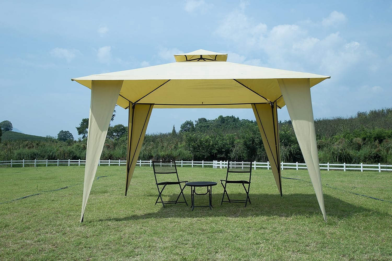 Phonjoroo Metal Patio Gazebo Outdoor 2-Tier Canopy Party Tent with Mesh Sidewalls 12x12 Beige