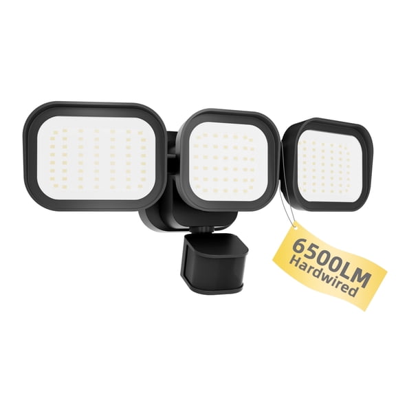 Dawnrise 270° 3 Heads Black Motion Sensing Integrated LED Flood Light, 6500 Lumens