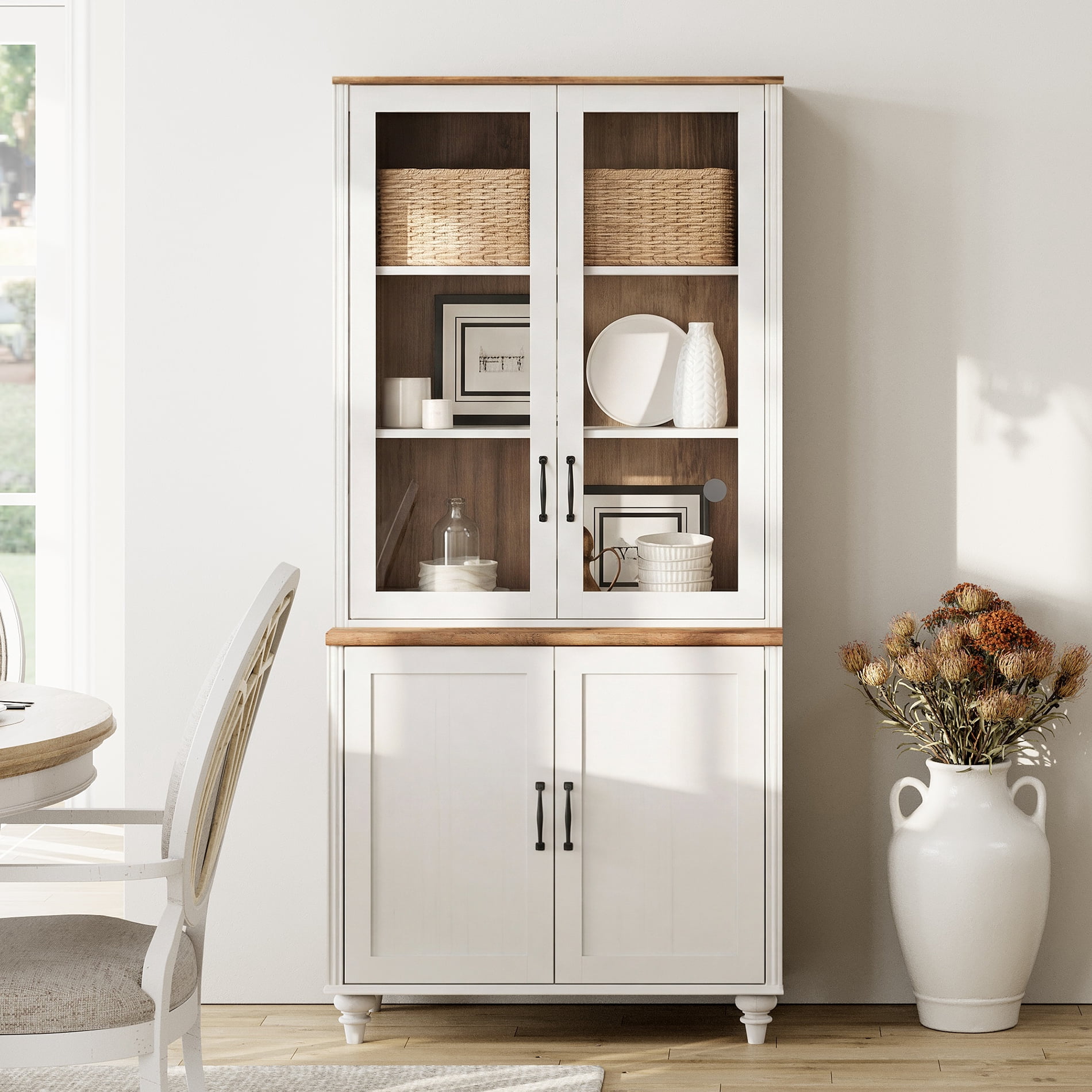 72.1"H × 33.9"W Large Farmhouse Wooden Bookcase with Glass Doors & Shelves, Storage Cabinet Bookcase for Living Room, Bedroom, Home Office & Kitchen, White
