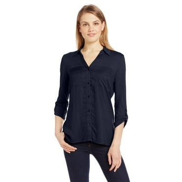 Calvin Klein Jeans Women's Mixed Media Buttondown, Medieval Blue, Medium