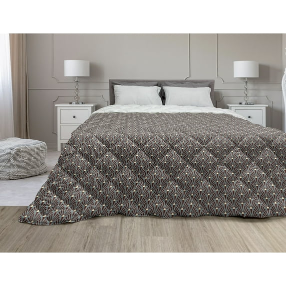 Abstract Down Alternative Comforter, Monochrome Classic Curved Line Bands with Diagonal Swirls Optic Effects Graphic, Microfiber Quilt for All Season, 5 Sizes, Black White, by Ambesonne