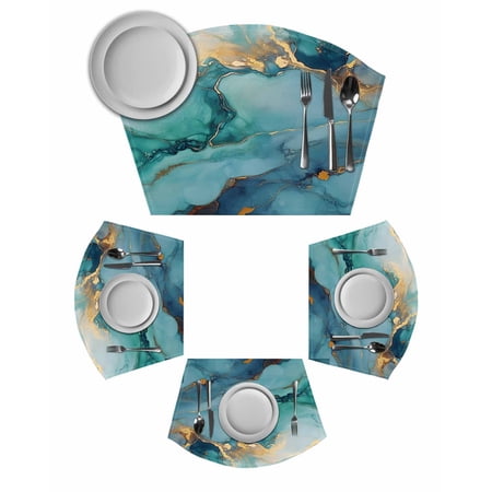 Marble Teal Round Placemats Set of 2, Luxury Golden Modern Abstract Art Placemats for Round Dining Table Shape Wedge Placemats for Outdoor Indoor Wipeable Clean Table Place Mats