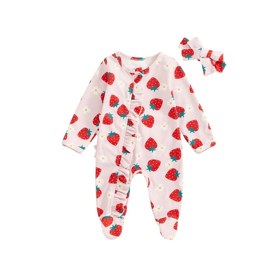 Suealasg Newborn Baby Girl Footie Romper Headband Long Sleeve Strawberry Flower Butterfly Print Jumpsuit 3 6 Months Infant Fall Winter Clothes