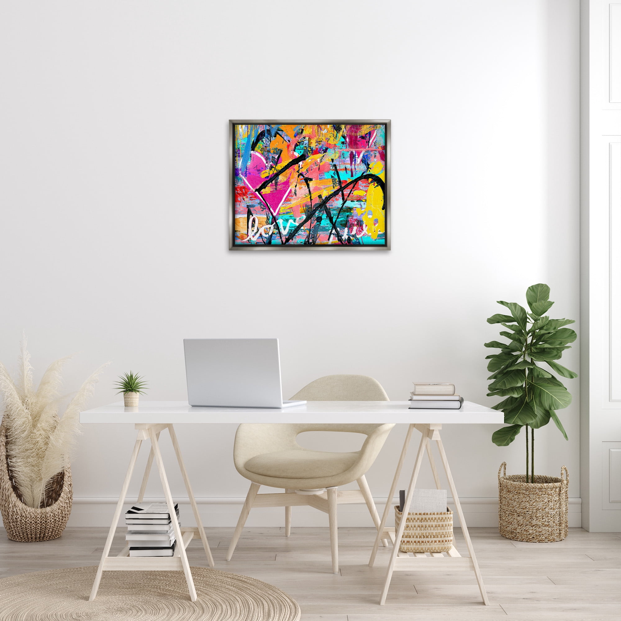 Stupell Industries Vivid Love Graffiti Collage Abstract Painting Gray Floater Framed Canvas Art Print Wall Art, 31 x 25