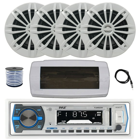 Pyle PLMRB29W Single DIN Bluetooth Marine MP3 AM/FM Stereo Receiver with White Cover, 22" Radio Antenna, Wire, 4x 6.5" 180 Watt Max Power 2-Way Water Resistant Audio Speakers (White)