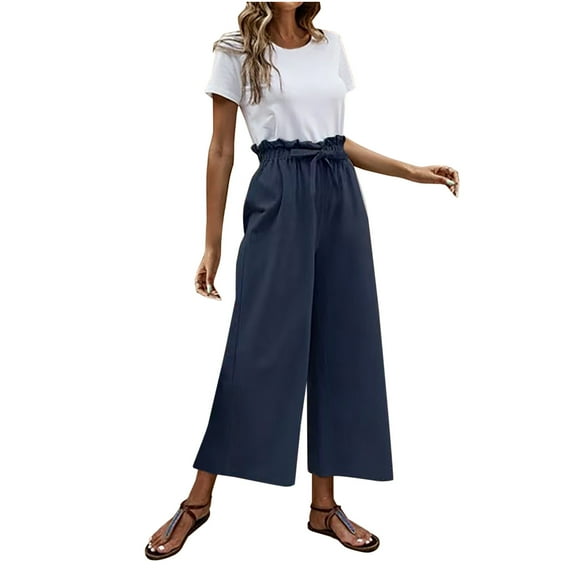 UHUYA Women Wide Leg Pants Linen Pants Fashion Women Solid Buttons Cotton And Linen Casual Loose Trouser Wide Leg Pants Lightweight Summer Pants Navy L US:8