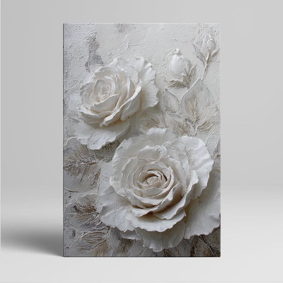Topbout Art 1pc Elegant White - Rose Relief Canvas Wall Art, Framed Decor room hanging Wall Picture Decor for Home Gifts,