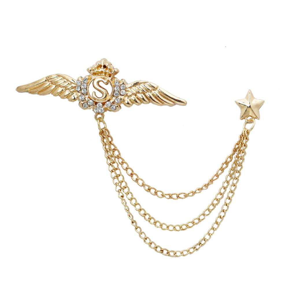 Crystal Wing Star Lapel Pin Suit Shirt Corsage Collar Chain Brooch Silver