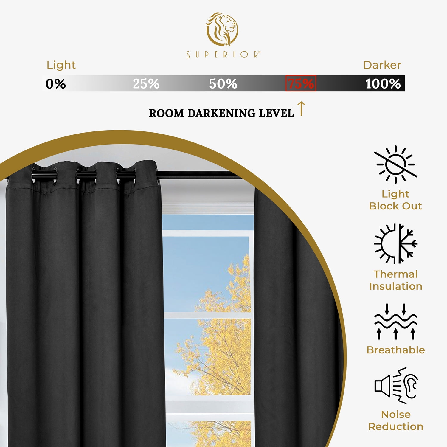 Superior Solid Blackout Curtain Set of 8, 52" x 63", Black