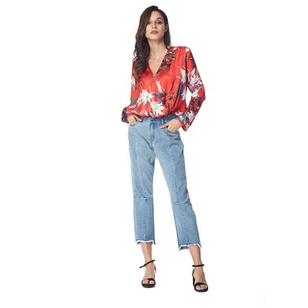 Ruffle Neck Wrap - Gamiss Women's Sexy V Neck Long Sleeve Floral Print Wrap Front Ruffle Loose Bodysuit
