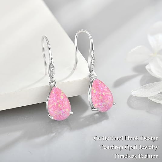 Opal Earrings 925 Sterling Silver Celtic Knot Hook Teardrop Earring 8X12mm Solitaire Gemstone October Birthstone Jewelry Gift for Women