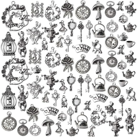40pcs Antique Silver Alice in Wonderland Charm Alloy Tales Tea Party Steampunk Victorian Necklace Bracelet Charms Pendants for DIY Jewelry Making Crafts Supplies