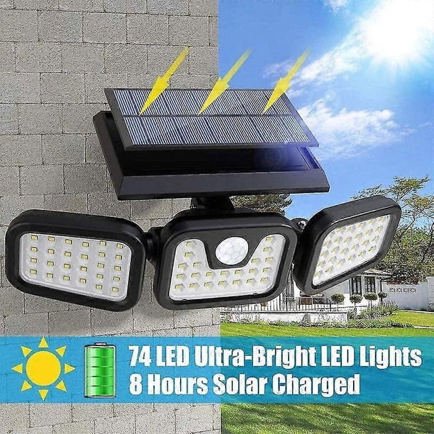 Lámpara solar de 74 LED con sensor de movimiento PIR de 3 cabezales, foco de seguridad para pared exterior, resistente al agua IP65, iluminación de gran angular de 270°.