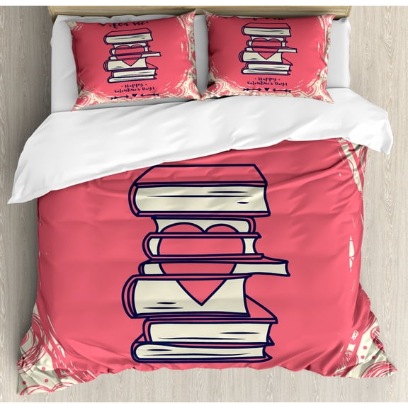 Books Duvet Cover Set Queen Size, You are the Best Story for Me Happy Valentines Day with a Stack of Books, Decorative 3 Piece Bedding Set with 2 Pillow Shams, Dark Coral and Cream, by Ambesonne