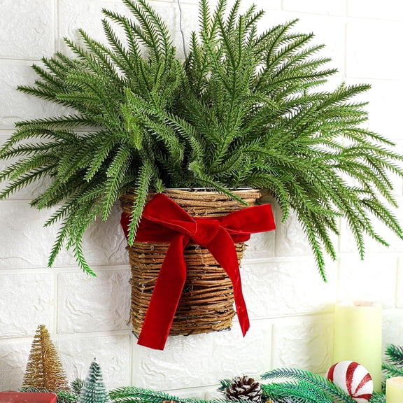 Dalrosia Christmas Norfolk Pine Wreath Christmas Wreaths for Front Door Hanging Basket Christmas Kitchen Cabinet Wreaths with Red Ribbon Farmhouse Rustic Xmas Pine Wreath for Window Wall
