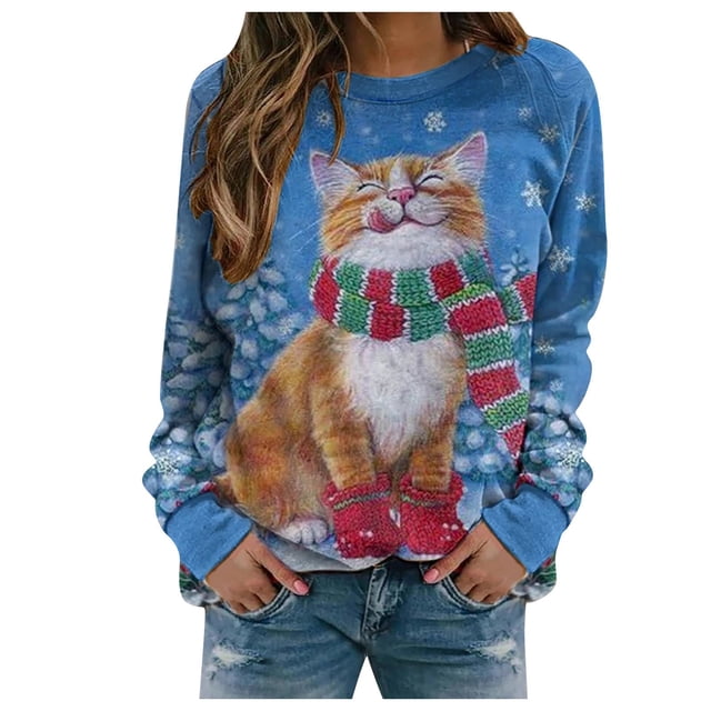 Femmes de Noël Pullover Cardigan d'Hiver Col Rond Veste Mi-Longue Graphique Imprimé Sweat-Shirt de Mode Long Sleeve Fermeture Chemisier Hoodie Soft Outwear