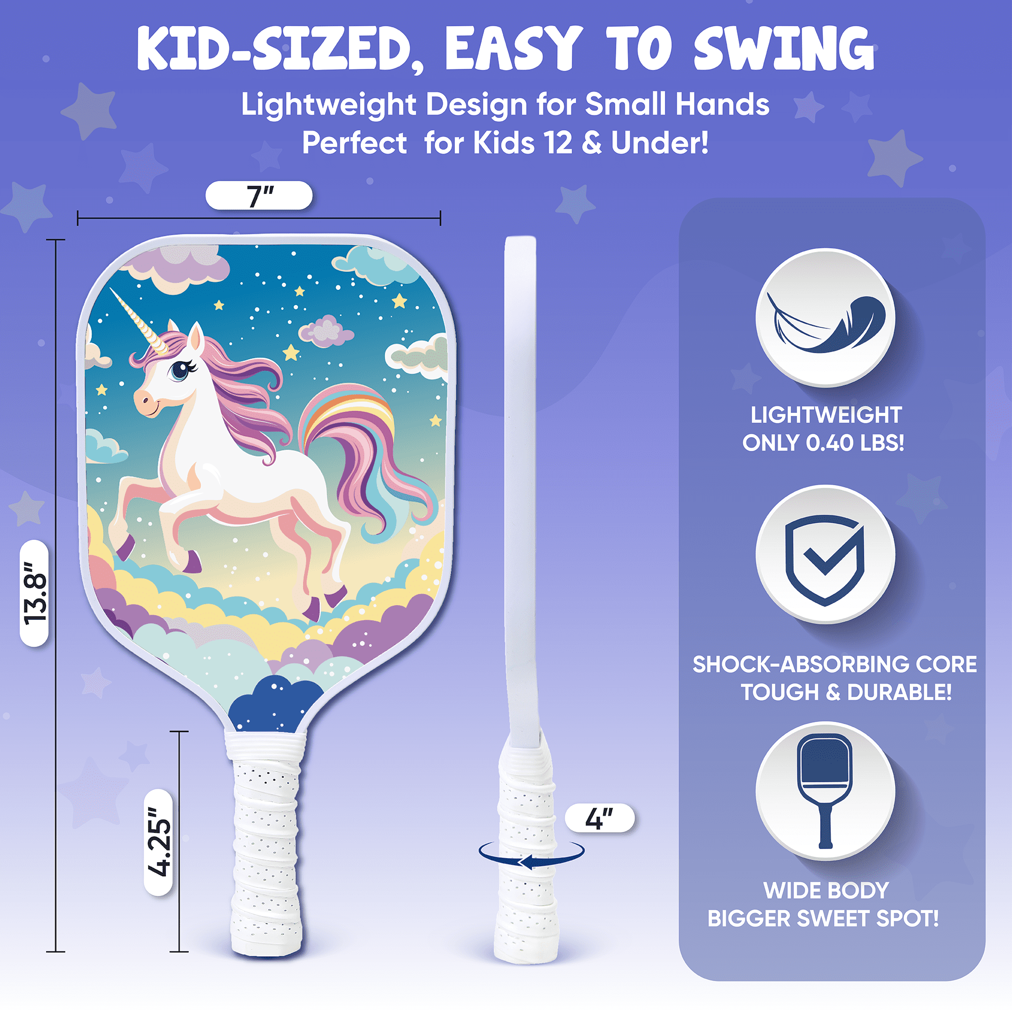 Kids Pickleball Paddle – Unicorn Design for Ages 3–12 | Lightweight 0.37 lb Fiberglass Paddle with Small Grip | Beginner-Friendly Paddle for Girls & Toddlers
