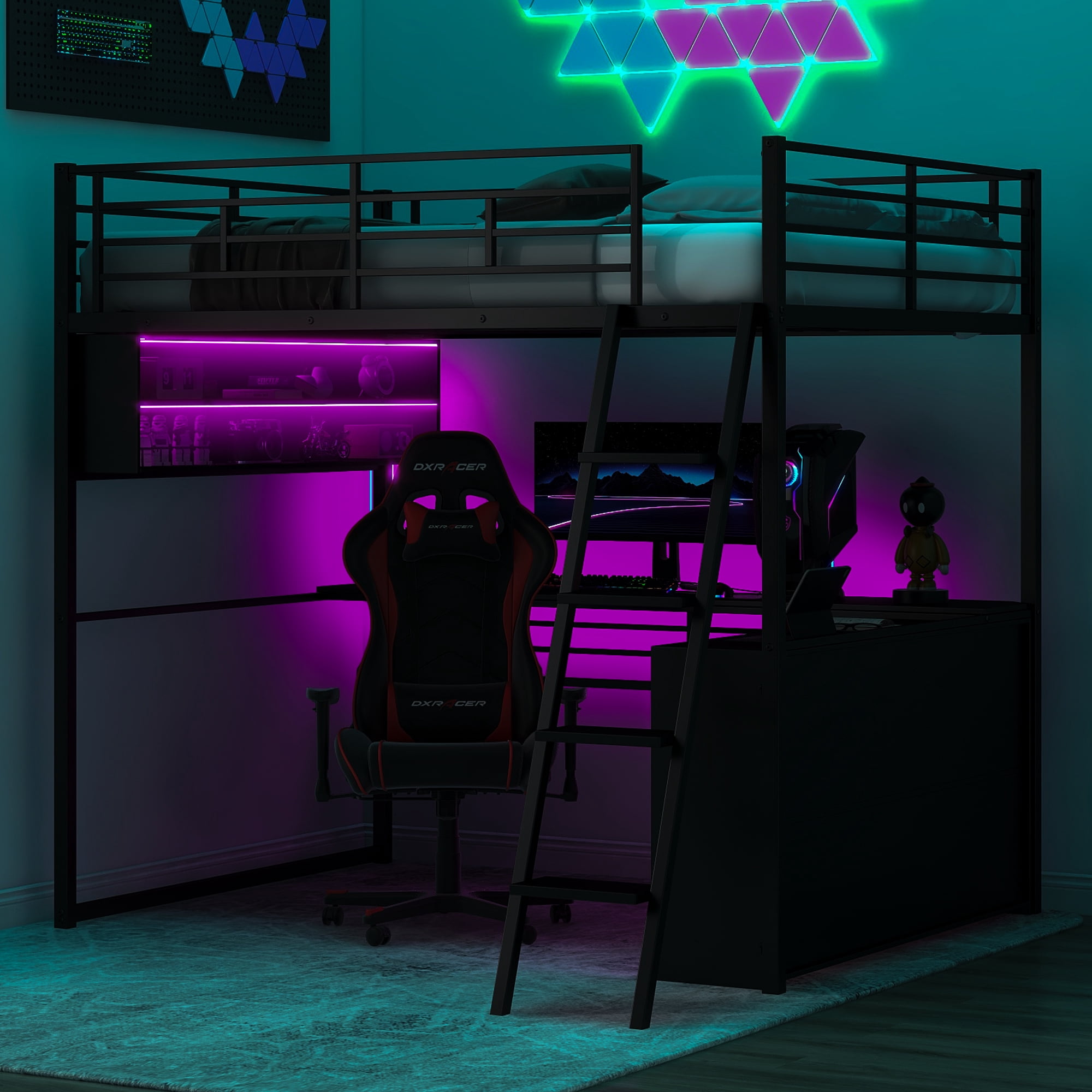Euroco Metal Full Size Loft Bed, Gaming Bed with Desk and LED Light for Kids Teens