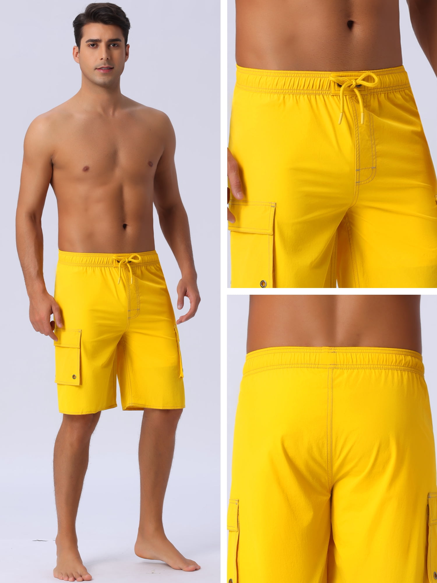 DARING DIVA Men's Solid Color Side Pockets Lining Summer Board Shorts 32 Yellow