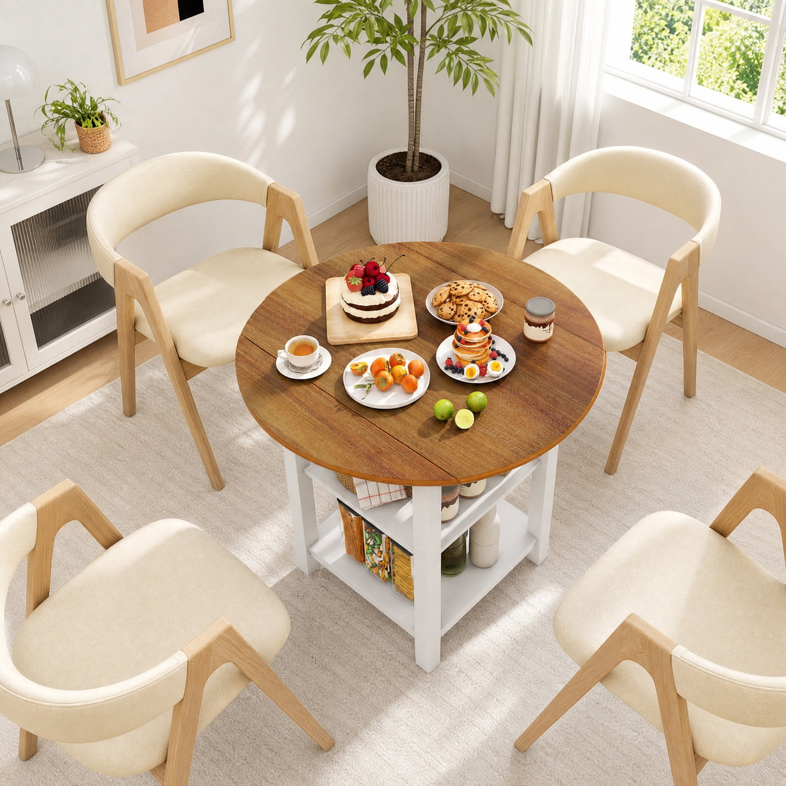 Furnibear Folding Round Drop Leaf Dining Table with 2 Storage Shelves and Solid Rubber Wood Legs for Small Spaces, White