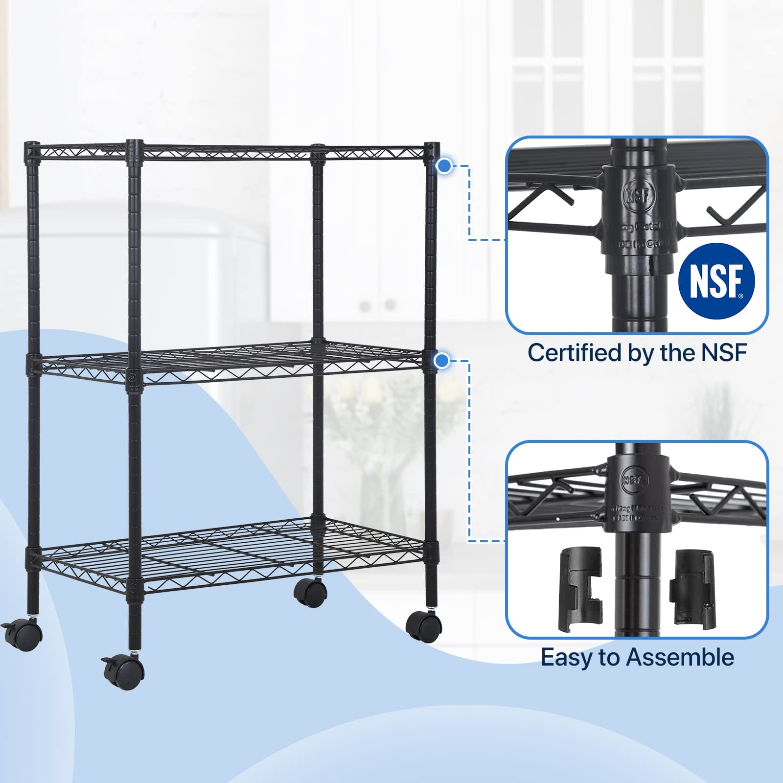 NiamVelo 3-Tier Wire Shelving Unit, NSF Metal Storage Shelves Adjustable Wire Shelf with Wheels for Kitchen Office Pantry Bathroom Garage, Black