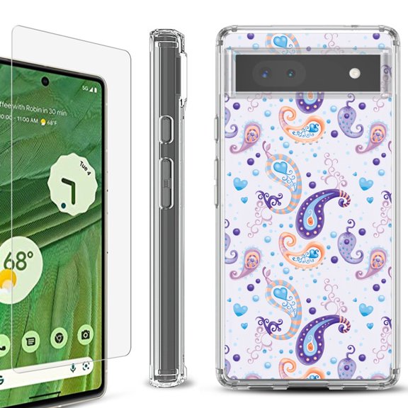 Shockproof Bumper Phone Case for Google Pixel 6a, with Tempered Glass Screen Protector, by OneToughShield ® - Paisley Purple