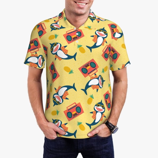 Fotbe Pineapples Sharks In Hawaiian Camiseta Polo de Golf para Hombre con Estampado – Camisa Deportiva Transpirable con Cuello Abotonado-XX-Large