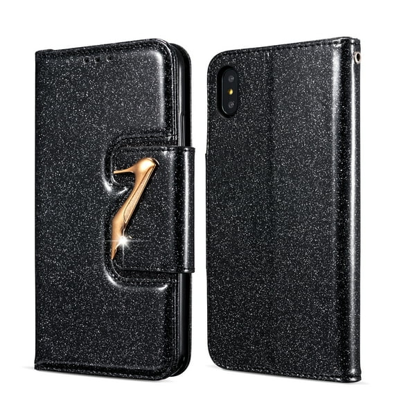 iPhone XS Max Case Wallet, iPhone XS Max 2018 Cover, Allytech Glitter Bling Leather Cover Folio Credit Card Holder Wristlet Shockproof Protective Phone Case for Apple iPhone XS Max (6.5") (Black)
