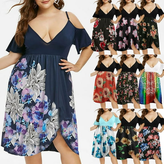 Jinhomg Womens 2025 Summer Dresses Trendy Cold Shoulder Spaghetti Strap Dress Plus Size Casual Boho Floral Print V-Neck Midi Dresses 50 Percent off Deals Today Blue XXL