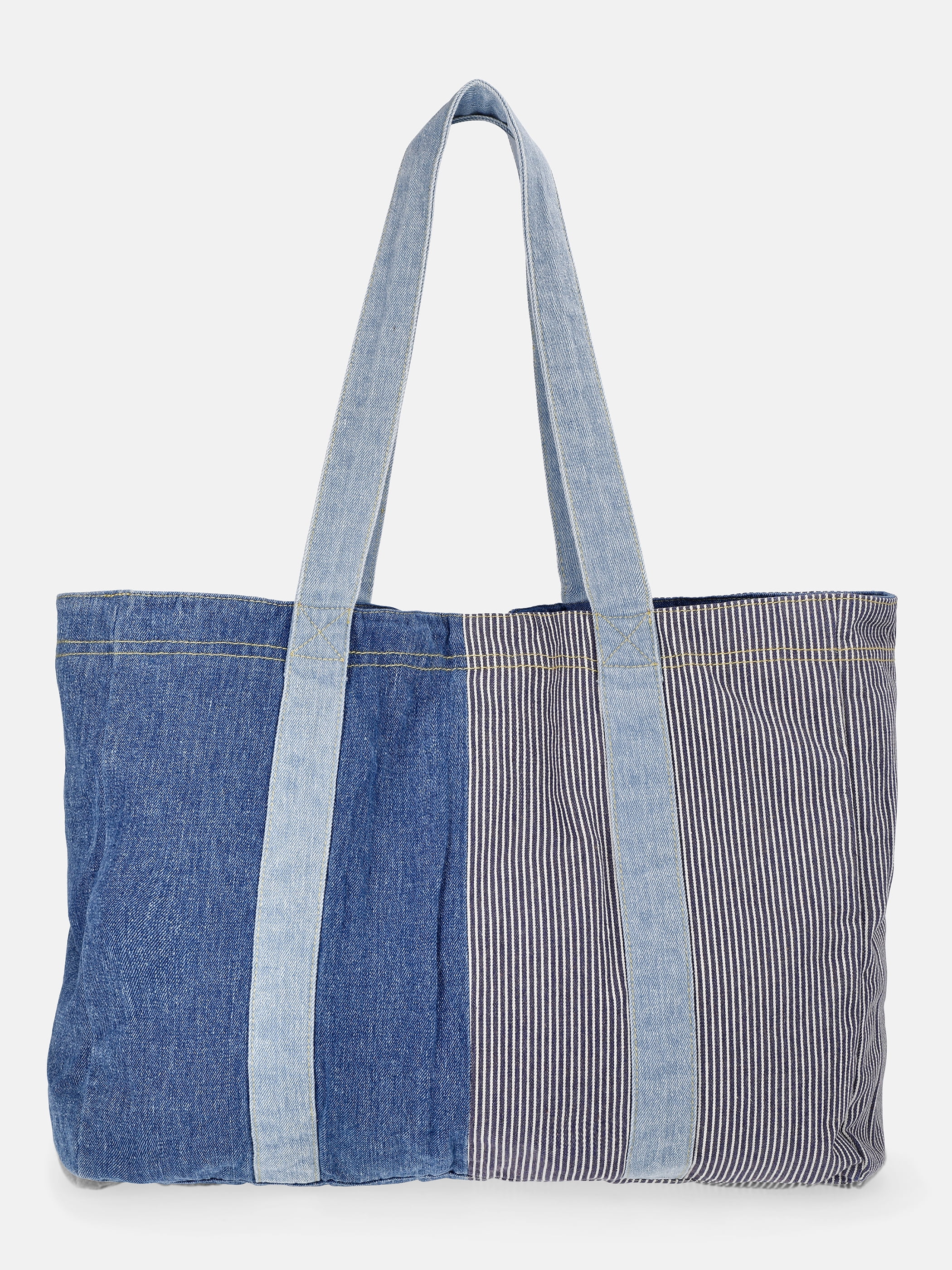 Kacey Lee Women's Denim Tote Bag, Hickory Stripe and Patchwork