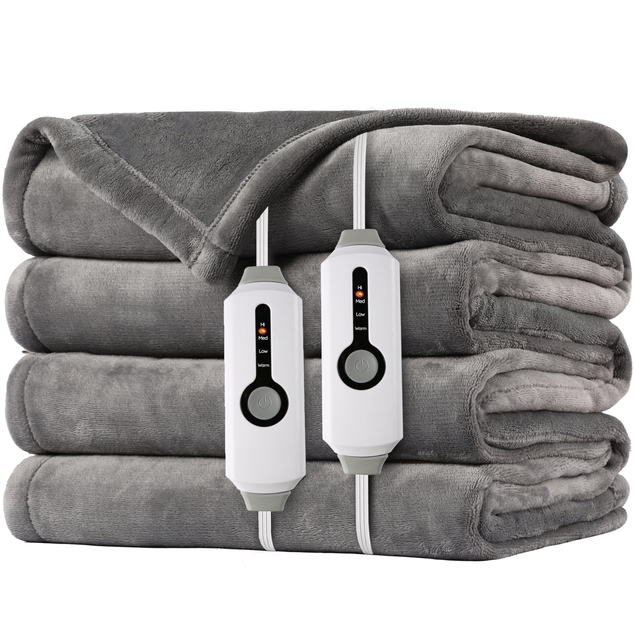 SUNNY HEAT Electric Heated Blanket Flannel 84" x 90" Queen Size-4 Heating Settings & 10 Hours Auto Off, Cozy Machine Washable-Light Gray