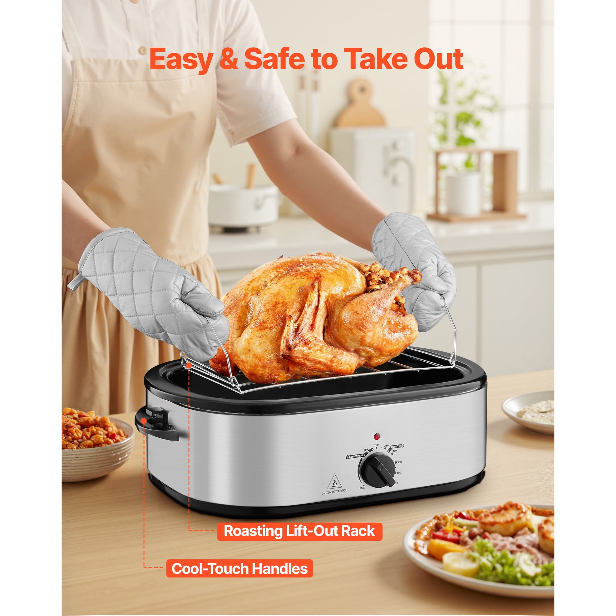 KFFKFF 20QT Electric Roaster Oven, Adjustable Temperature 150-450℉, Quick-Cooking Turkey Roaster with Self-Basting Lid, Defrost and Warm Functions, Ideal for Home Use, Accommodates 24lb Turkey