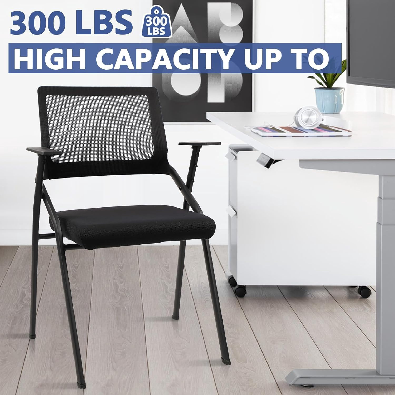 CLATINA Stackable & Foldable Office Chairs with Ergonomic Lumbar Support and Thickened Seat Cushion, Folding Mesh Fabric Reception Guest Chair for School Church Conference Waiting Room Black (4 pk)