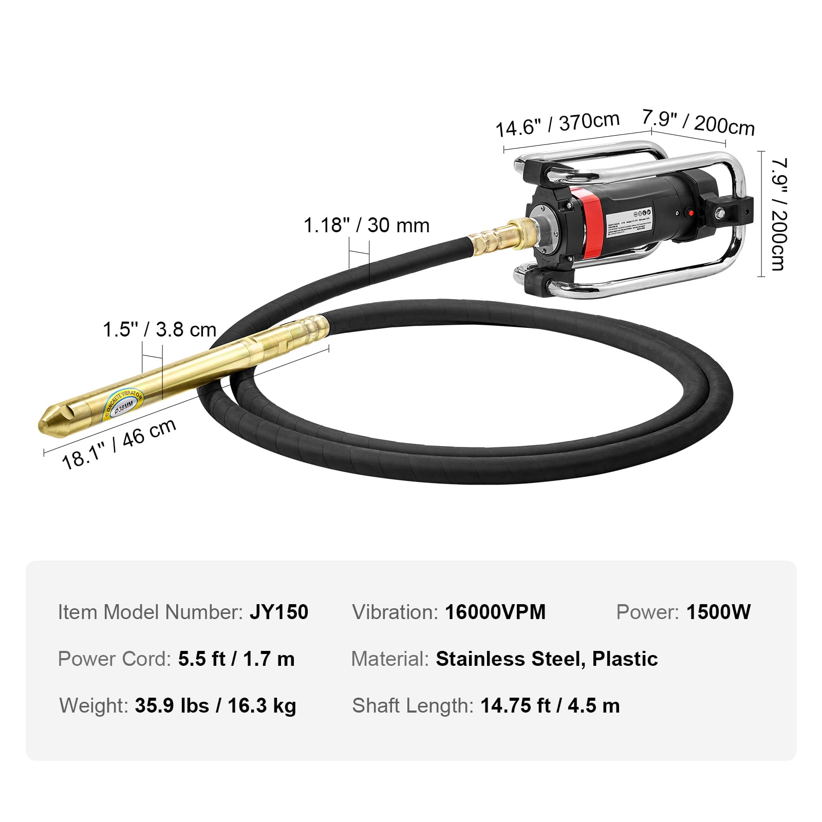 SKYSHALO Electric Concrete Vibrator 1500W 14-3/4 feet Poker to Remove Air Bubbles