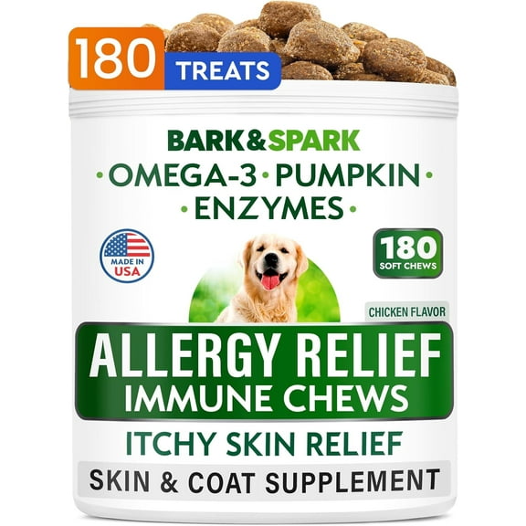 BARK&SPARK Dog Allergy Relief Chews (180 Immune Treats) - Anti-Itch Skin & Coat Supplement - Omega 3 Fish Oil - Itchy Skin Relief Treatment Pills - Itching&Paw Licking - Dry Skin & Hot Spots -Chicken