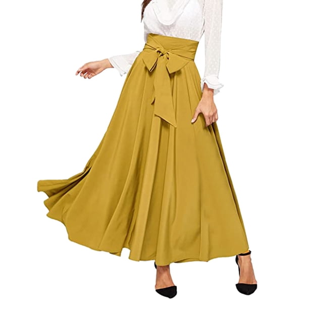 Gibobby faldas para mujer corta Falda de cintura alta elegante para mujer Faldas largas plisadas con en la parte delantera(Amarillo, XL)