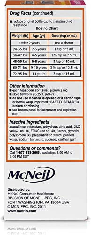 Children Motrin Dye-Free Pain & Fever Reducer, Original Berry, 4oz, 6-Pack