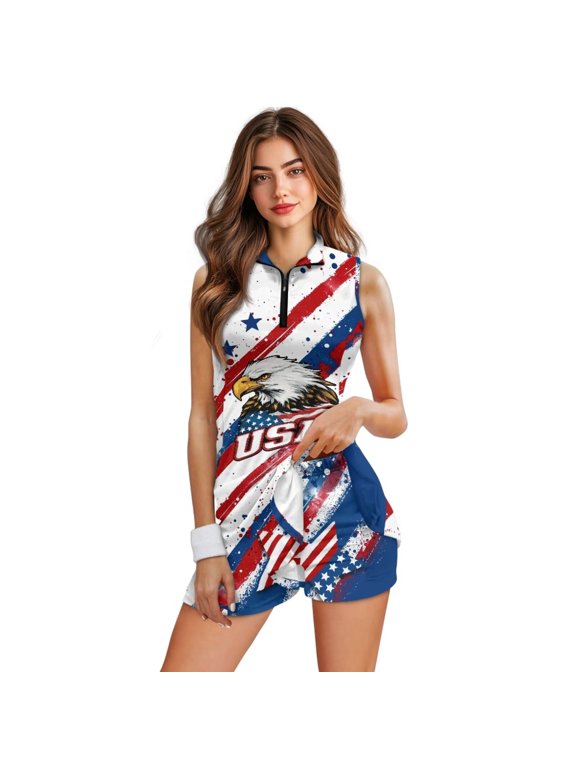 Patriotic Women's Golf Tennis Pickleball Dress USA Eagle Sleeveless Half Zip Quick Dry Stretch Athletic Dress with Built-In Shorts & Pockets Casual Summer Active Wear Size M