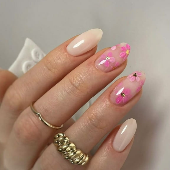 Press on Nails Short Almond Fake Nails French Full Covers Acrylic False Nails Flower Design Fake Nails for Women Girls