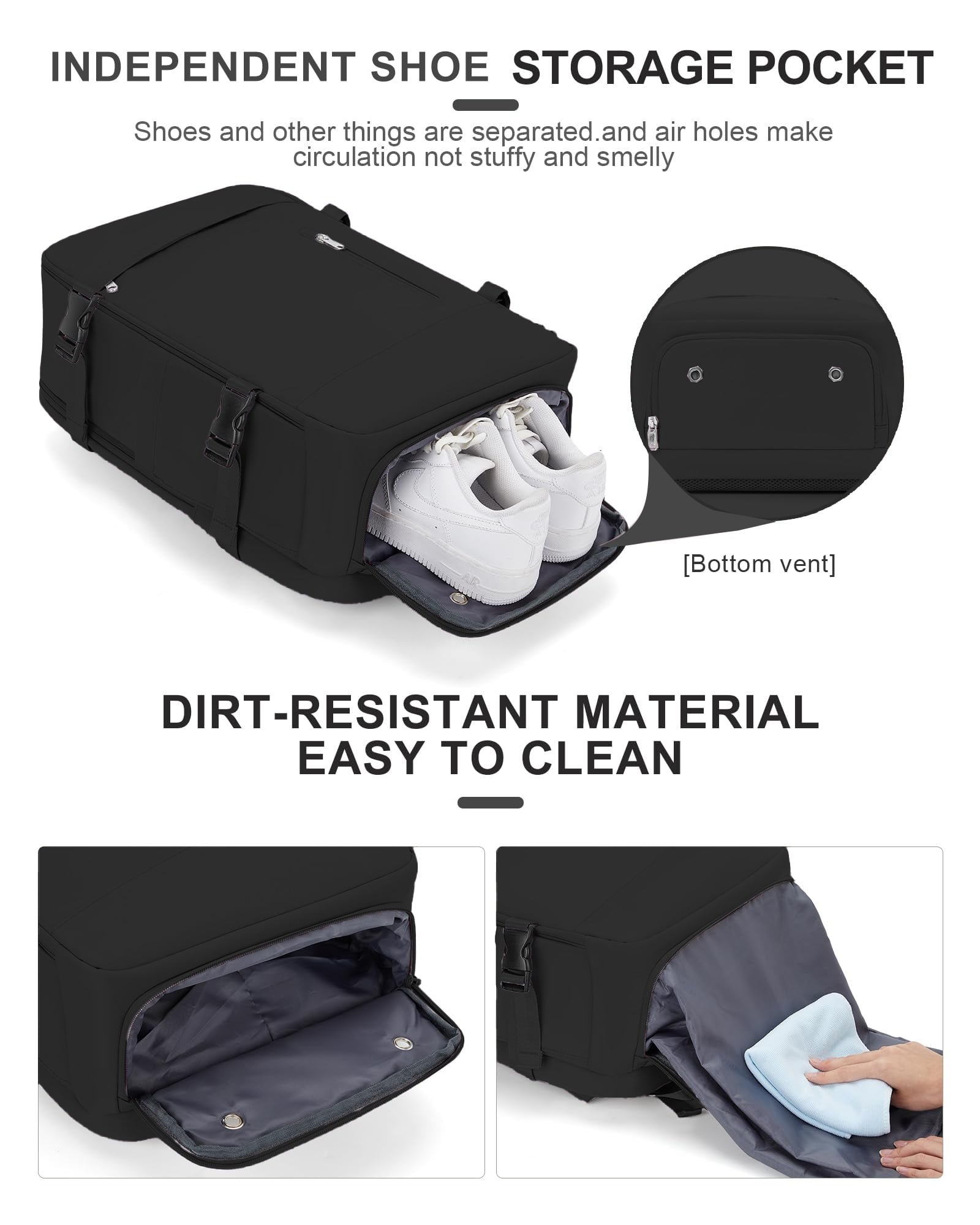 DAKIMOE Large Travel Backpack for Adults Carry on Laptop Backpack Flight Approved Waterproof College Bag with USB Charging Port & Shoe Pouch Casual Daypack for Women Men for Weekender Business, Black