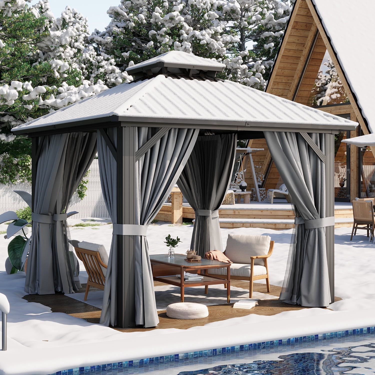 BaPiPro 10x10 FT Permanent Outdoor Gazebo – Aluminum Frame with Double Roof, Includes Curtains & Netting, Ideal for Patio, Lawn, and Garden,Gray