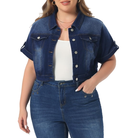 DARING DIVA Women's Plus Size Short Sleeve Button Cropped Jean Jacket 3X Black Blue