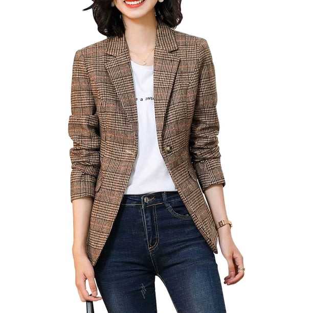 Women's Notch Lapel 2 Button Boyfriend Blazer Suit Houndstooth Plaid Jacket Coat Gris 2XL Gris 2XL Xishao ropa