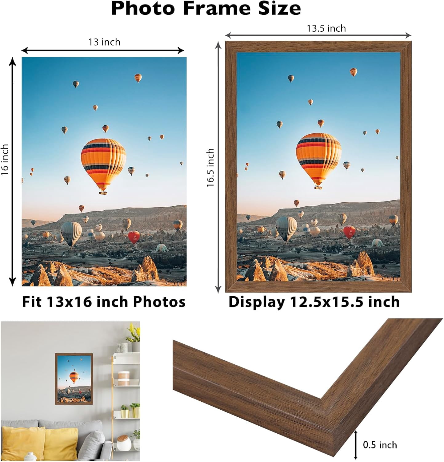 13x16 Picture Frame Brown for Wall Hanging, Wall Mounting Horizontally or Vertically, 13 x 16 Wall Gallery Poster Photo Frame with Shatter Resistant Plexiglass, Brown