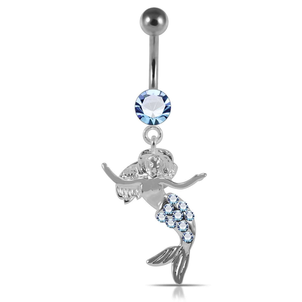 Silver Belly Rings Round CZ Crystal Gemstone with Multi Crystal Cute Cat Dangling 925 Sterling Body Jewelry